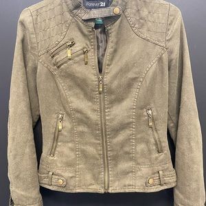 Cute light weight, green jacket with gold zippers and buttons.